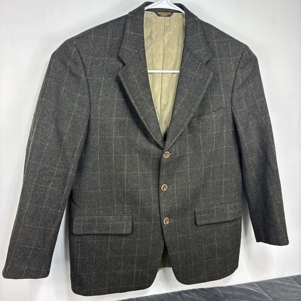 Palm Beach Plaid Tweed Blazer Mens 46 Brown 100% Wool Sport Coat‎ Vintage